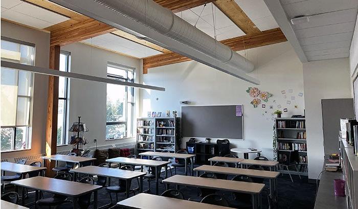 a classroom with tables